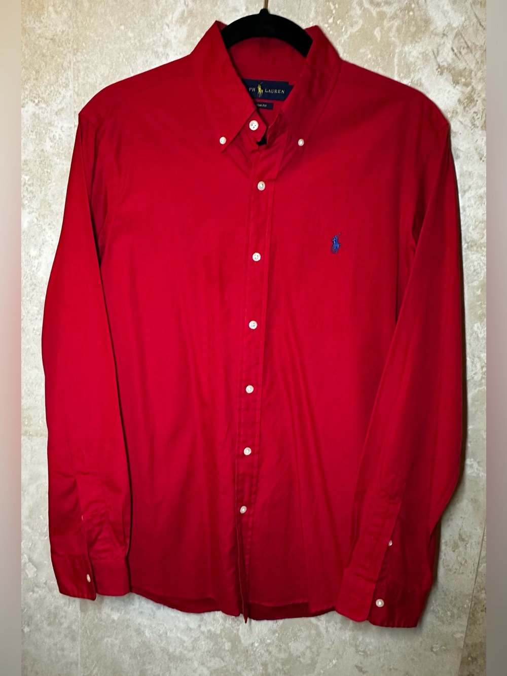 Ralph Lauren Men's Red Button-Down Shirt with Blue Pony Logo